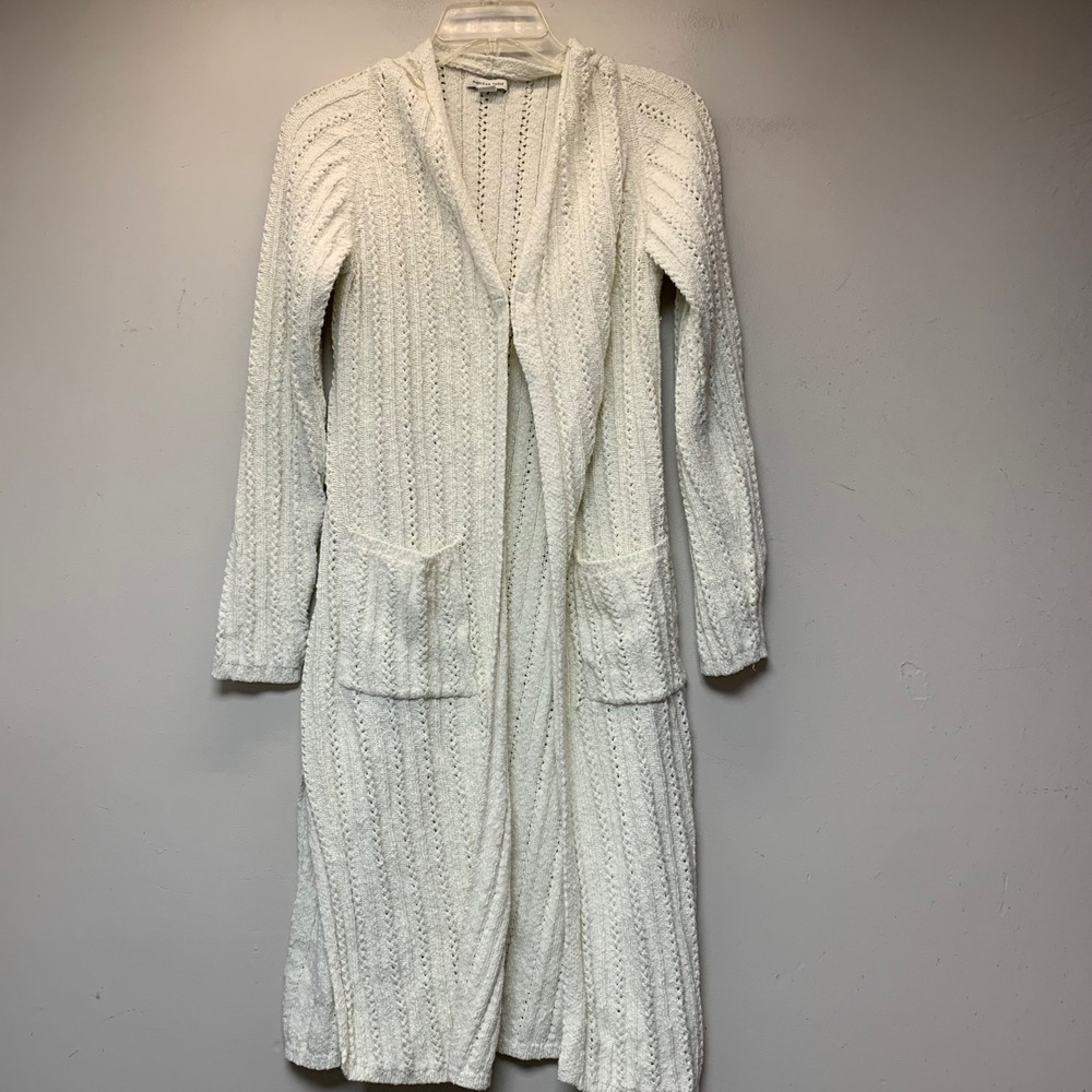 American Eagle Long Duster Cardigan Womens XL White Excellent Pointelle Hooded